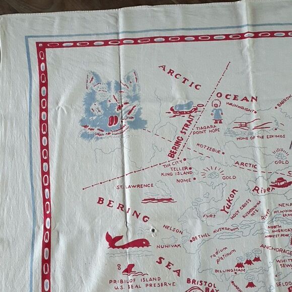 Vintage Linen ALASKA Map Souvenir Tablecloth Wall Hanging 46” X 50”. - Picture 2 of 11
